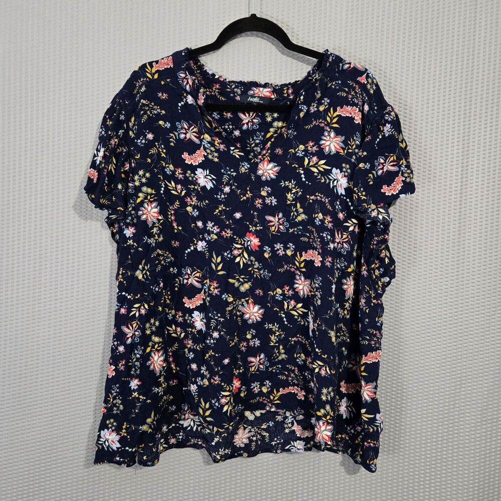 Angels Womens V-Cut Navy Floral Short Sleeve Blouse Size 3X Boho Frilly Flowy